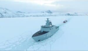 The patrol ship Knud Rasmussen is one of the vessels whose cannon has not been working for more than 15 years. Here, it is seen in 2015 breaking ice to get fodder to sheep farmers in South Greenland. Photo: Forsvaret
