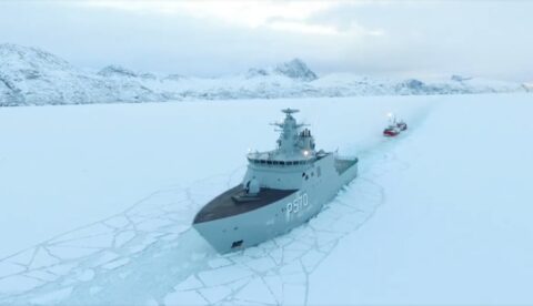 The patrol ship Knud Rasmussen seen here in 2015 breaking ice to get