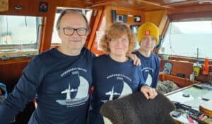 Maris Pruuli, in the middle, worked as a boatswain during the voyage. Here she is with her husband, Tiit, who was the expedition leader, and her son, Jaan, who was a deck-hand.
