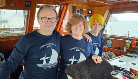 Maris Pruuli, in the middle, worked as a boatswain during the voyage. Here she is with her husband, Tiit, who was the expedition leader, and her son, Jaan, who was a deck-hand.