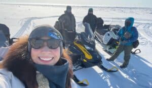 On this photo from April 2023, Roberta Tuurraq Glenn-Borade and three trail inspectors are seen on the sea ice near Utqiagvik. Photo: Alaska Arctic Observatory and Knowledge Hub