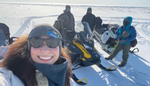 On this photo from April 2023, Roberta Tuurraq Glenn-Borade and three trail inspectors are seen on the sea ice near Utqiagvik. Photo: Alaska Arctic Observatory and Knowledge Hub