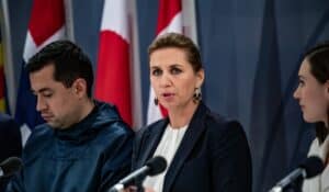 Greenland's prime minister Mute B. Egede (left), Denmark's prime minister Mette Frederiksen (center), and Finland's then prime minister Sanna Marin (right) during a Nordic Council press conference in November 2021. Photo: News Øresund - Erik Ottosson