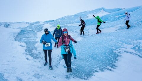 A group of runners on the Greenland Ice Sheet during the 2023 edition of the Polar Circle Marathon. Photo: Albatros Adventure Marathons™