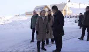 President of the EU Commission, Ursula von der Leyen and Muté B Egede at the colonial harbour in Nuuk, during a meeting in March. In the background is Mette Frederiksen, prime minister of Denmark. Image: Screenshot from EU Commission video