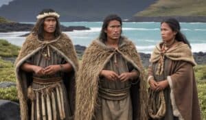 NOTE: This is an AI-generated image, created to ilustrate what Polynesians on Enderby Island might have looked like. There is no scientific accuracy in their clothing or the landscape behind them. Source: Stable Diffusion prompted by Polar Journal AG